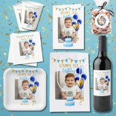 Boy First Birthday Photo Blue Gold Balloon Cute Serviette