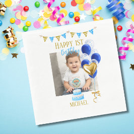 Boy First Birthday Photo Blue Gold Balloon Cute Serviette