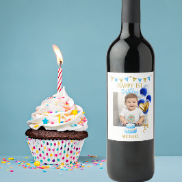 Boy First Birthday Photo Blue Gold Balloon Cute Weinetikett