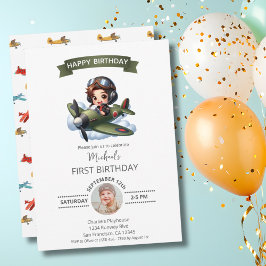 Boy First Birthday Pilot Vintage Airplane Clouds Einladung