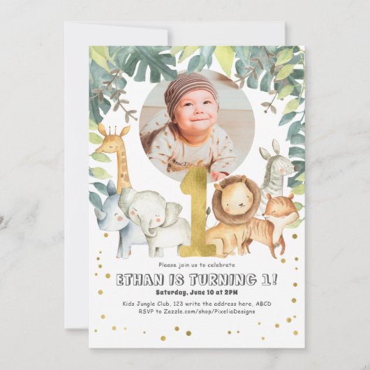 Boy First Birthday Safari Jungle Tiere Foto Einladung (Vorderseite)