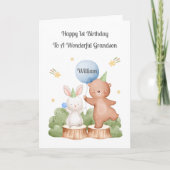 Boy First Birthday Woodland Rabbit Bear Card Karte (Vorderseite)