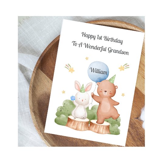 Boy First Birthday Woodland Rabbit Bear Card Karte
