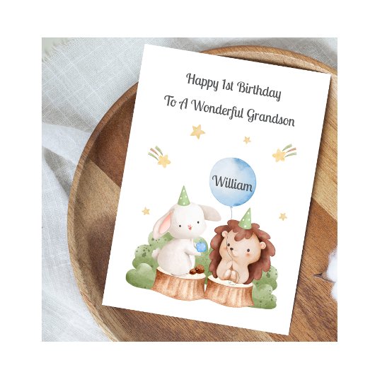 Boy First Birthday Woodland Rabbit Hedgehog Card Karte