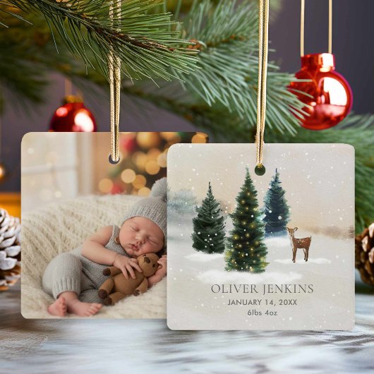 Boy First Christmas Birth Stats Woodland Photo Keramikornament