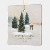 Boy First Christmas Birth Stats Woodland Photo Keramikornament (Links)