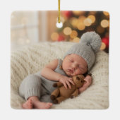 Boy First Christmas Birth Stats Woodland Photo Keramikornament (Rückseite)