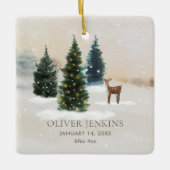 Boy First Christmas Birth Stats Woodland Photo Keramikornament (Vorderseite)