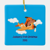 Boy First Christmas Dog Pilot Airplane Cloud Funny Keramikornament (Vorderseite)
