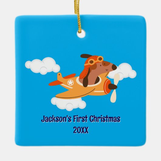 Boy First Christmas Dog Pilot Airplane Cloud Funny Keramikornament (Vorderseite)