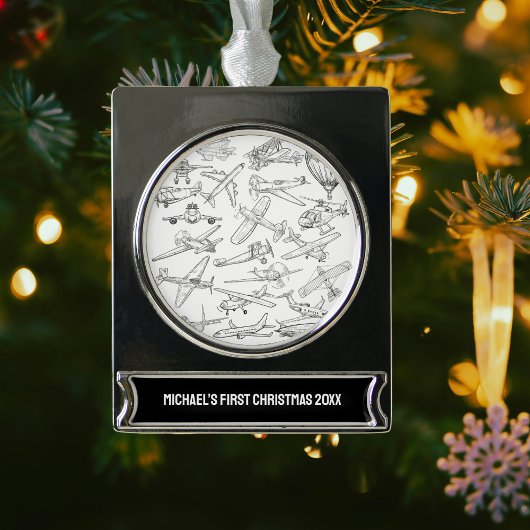 Boy First Christmas Hand Drawn Airplanes Aviation  Banner-Ornament Silber