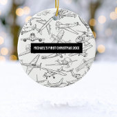Boy First Christmas Hand Drawn Airplanes Aviation Keramik Ornament