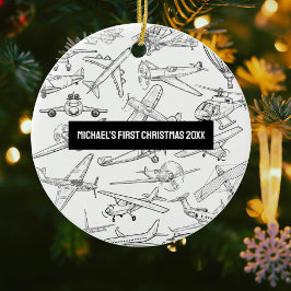 Boy First Christmas Hand Drawn Airplanes Aviation Keramik Ornament
