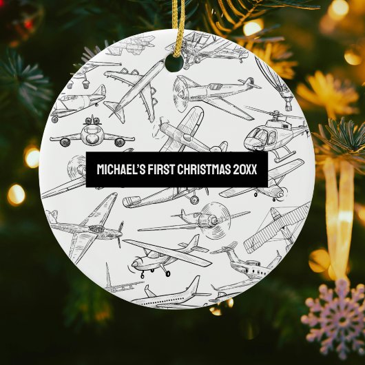 Boy First Christmas Hand Drawn Airplanes Aviation  Keramik Ornament
