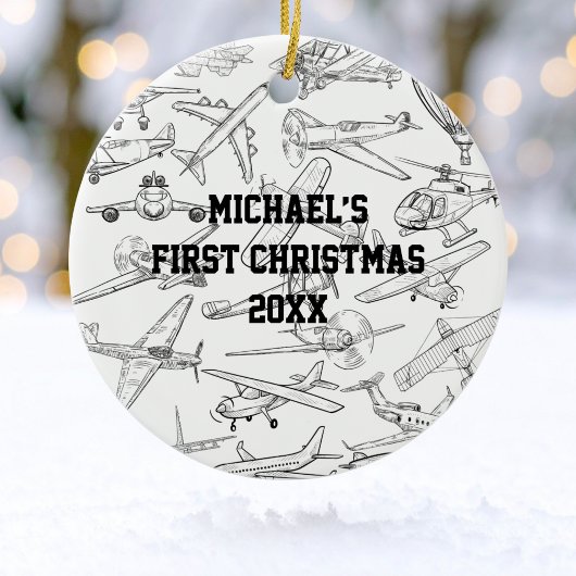 Boy First Christmas Hand Drawn Airplanes Photo Keramik Ornament