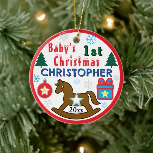 Boy First Christmas PHOTO Rocking Horse  Keramik Ornament (Baum)