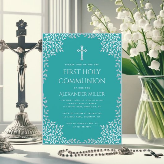 Boy First Communion Aquamarin Elegante Silber Blät Einladung