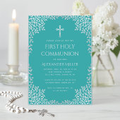Boy First Communion Aquamarin Elegante Silber Blät Einladung