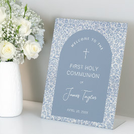 Boy First Communion Arch Blue White Floral Welcome Sockelschild