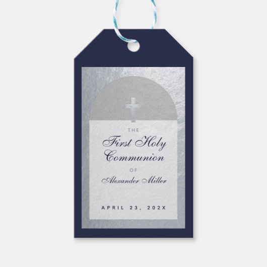 Boy First Communion Arch Navy Blue Imitats Silver Geschenkanhänger (Vorderseite)