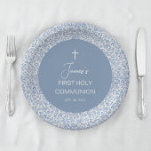 Boy First Communion Blue and White Floral Pattern Pappteller