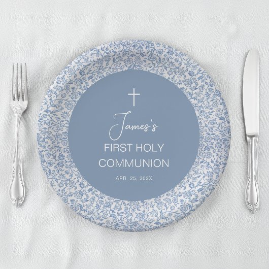 Boy First Communion Blue and White Floral Pattern Pappteller