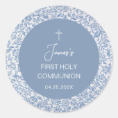 Boy First Communion Blue and White Floral Pattern Runder Aufkleber (Vorderseite)