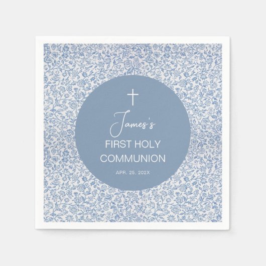 Boy First Communion Blue and White Floral Pattern Serviette (Vorderseite)