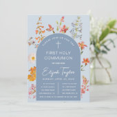 Boy First Communion Blue Arch Wildblumen Bloral Einladung (Stehend Vorderseite)
