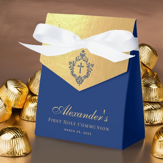 Boy First Communion Blue Cross in Crest Faux Gold Geschenkschachtel