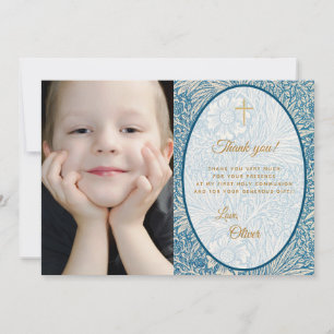 Boy First Communion Blue Floral Gold Foto Dankeskarte