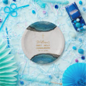 Boy First Communion Blue Geode Marble Gold Cross Pappteller (Party)