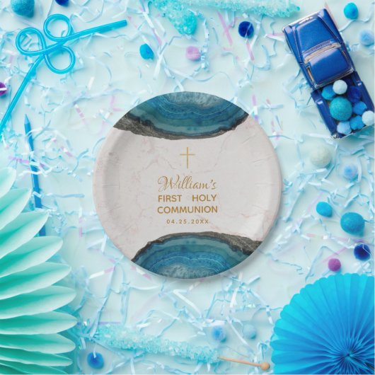 Boy First Communion Blue Geode Marble Gold Cross Pappteller (Party)