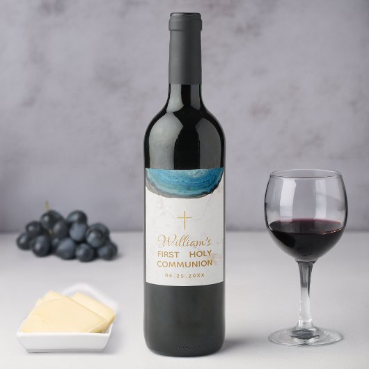 Boy First Communion Blue Geode Marble Gold Cross Weinetikett