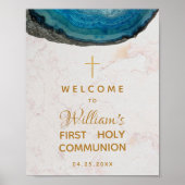 Boy First Communion Blue Geode Marble Willkommen Poster (Vorne)