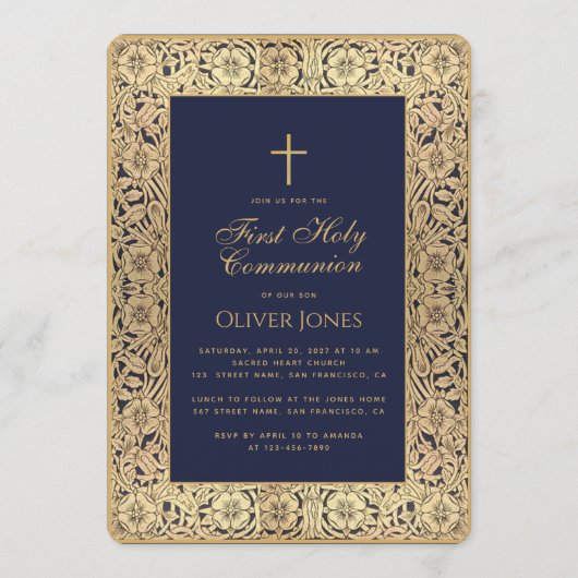 Boy First Communion Blue Gold Floral Frame Elegant Einladung (Vorderseite)