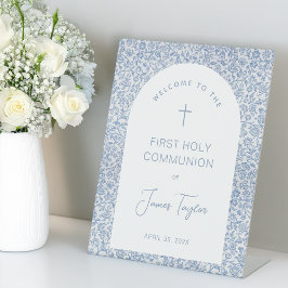 Boy First Communion Blue White Arch Floral Welcome Sockelschild