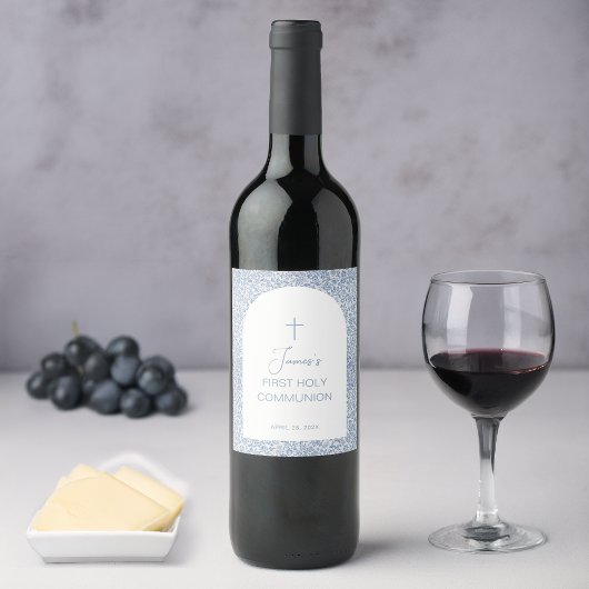 Boy First Communion Blue White Floral Pattern Arch Weinetikett