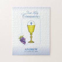 Boy First Communion, Chalice with Host and Grapes