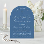 Boy First Communion Classic Blue Arch Cross Script Einladung