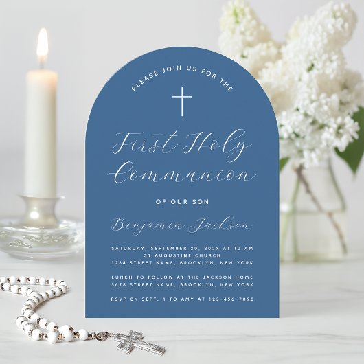 Boy First Communion Classic Blue Arch Cross Script Einladung