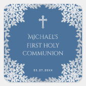 Boy First Communion Classic Blue Silver Blätter Quadratischer Aufkleber (Vorderseite)