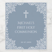 Boy First Communion Dusty Blue White Cross Leaves Weinetikett (Einzelnes Label)