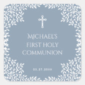 Boy First Communion Dusty Blue White Leaves Cross Quadratischer Aufkleber (Vorderseite)