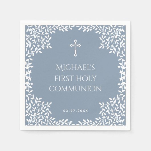 Boy First Communion Dusty Blue White Leaves Ornate Serviette (Vorderseite)