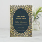 Boy First Communion Elegant Blue Gold Blätter Cros Einladung (Stehend Vorderseite)