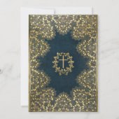 Boy First Communion Elegant Blue Gold Blätter Cros Einladung (Rückseite)