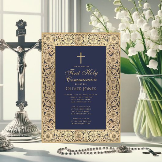 Boy First Communion Floral Gold Frame Blue Elegant Einladung