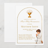 Boy First Communion Gold Boho Arch & Chalice Einladung (Vorne/Hinten)