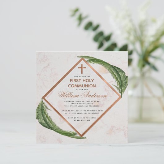 Boy First Communion Grüne Kupfer Marmor Fern Einladung (Stehend Vorderseite)